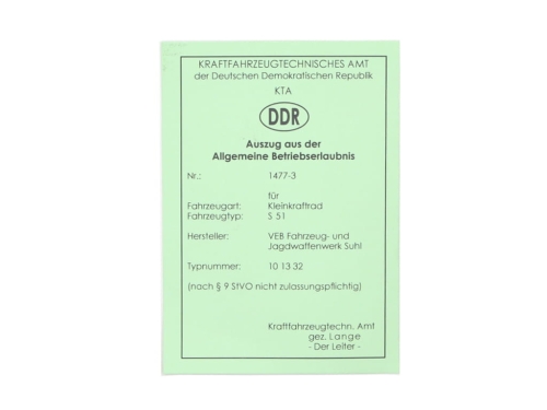 KARTA POJAZDU SIMSON S51 DE 