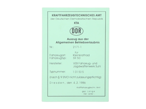 KARTA POJAZDU SIMSON SR50 DE 